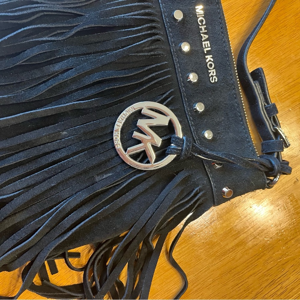 Michael Kors Black Fringe Suede Crossbody Bag with Silver Accents - Picture 4 of 9